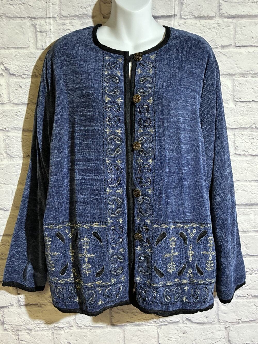 Vintage White Stag Jacket L 12/14 Blue Embroidered Paisley Beaded Boho Y2K